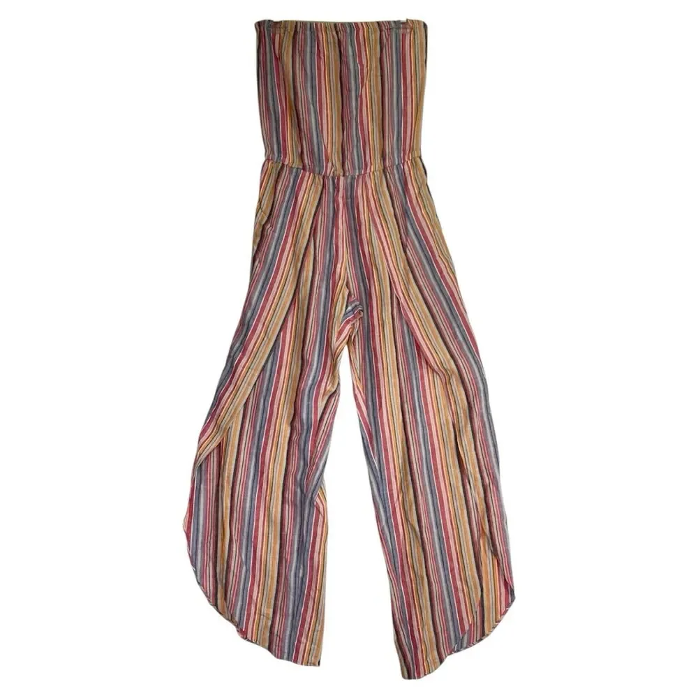 Drew Anthropologie Jumpsuit Womens Medium Pink Linen Striped Strapless Emerson - Picture 1 of 10